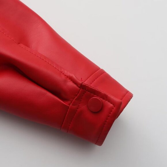 Women Red Cropped Moto Biker Short Comfortable Pu Faux Leather Fashion Jacket - Picture 7 of 7